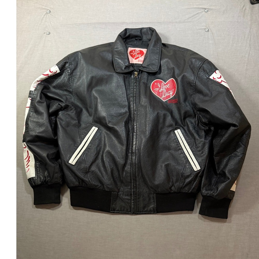 Vintage I Love Lucy Mens Black‎ Leather Jacket Mens L Heart Patch Long Sleeve